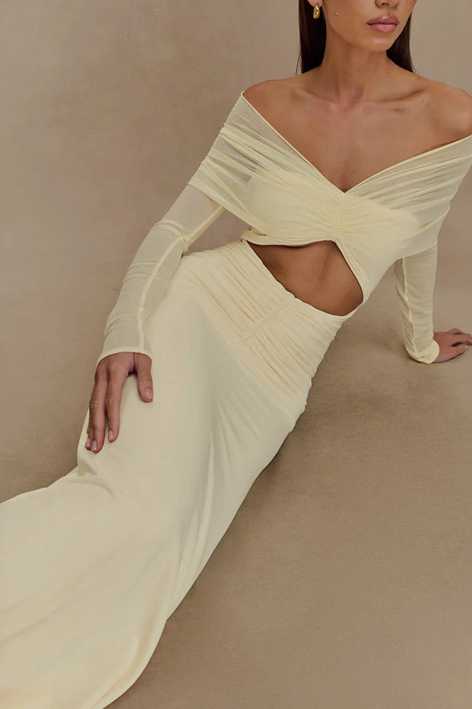 Mesh Patchwork See Through Full Sleeve Slash Neck Maxi Dress