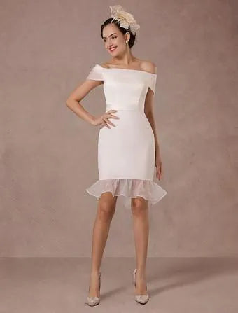 Vintage Short Wedding Dress Retro Satin Short Sleeve Wedding Dress Satin Mermaid Bow Satin Court Train Sleeves White Modern Bridal Princess Gown Vestido De Novia