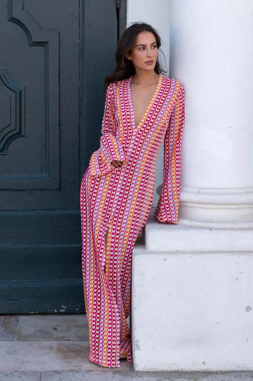 Crochet Colorful Stripe V Neck Flare Sleeve Maxi Dress