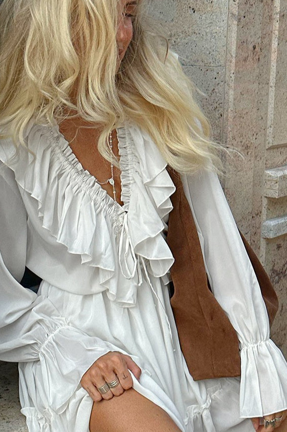 White Chiffon V Neck Mini Dress