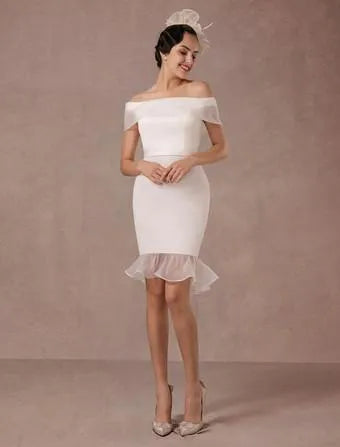 Vintage Short Wedding Dress Retro Satin Short Sleeve Wedding Dress Satin Mermaid Bow Satin Court Train Sleeves White Modern Bridal Princess Gown Vestido De Novia