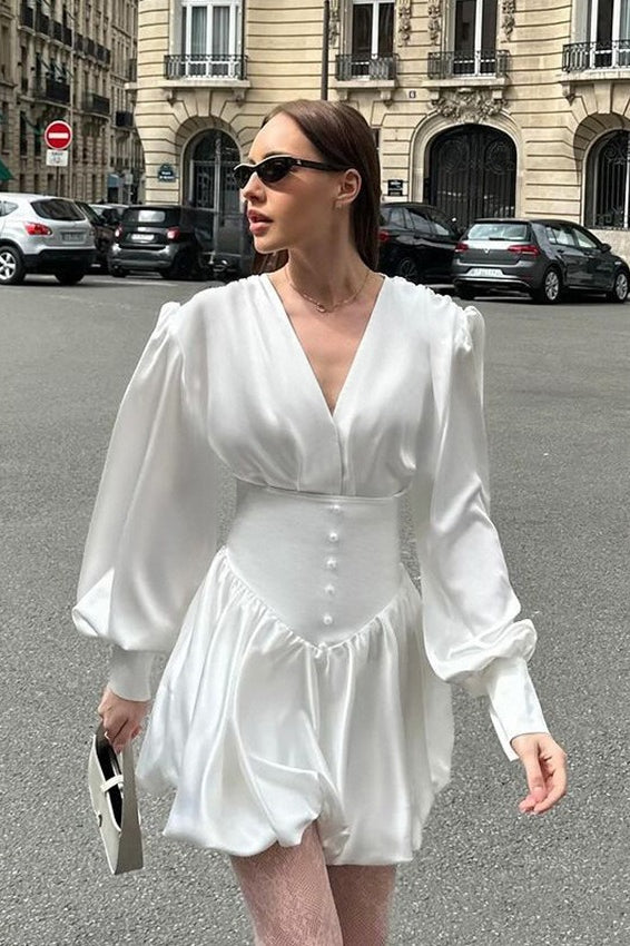 White V Neck Puff Sleeve Mini Dress