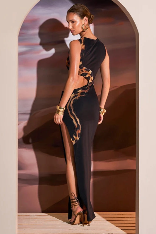Snake Print Hollow Out Midi Dress