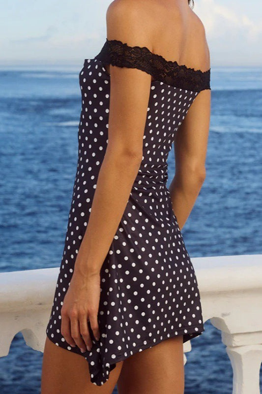 OffShoulder Lace Trim Polka Dot Bodycon Mini Dress