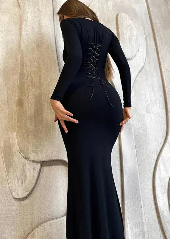 Black Slim Fit Lace Up Backless Long Sleeve Dress
