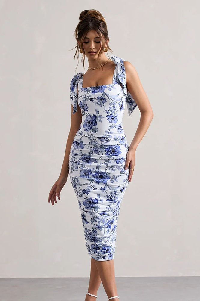 Vintage Print Ruched Midi Dress
