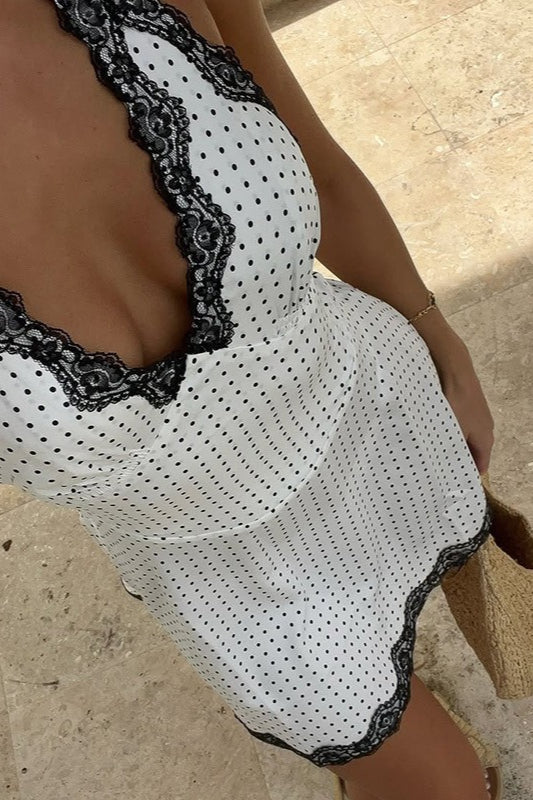 LaceTrim VNeck Polka Dot Halter Backless Mini Dress