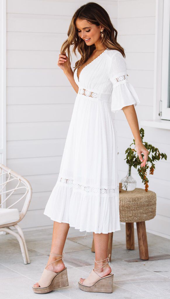 Jaylan Tiered Crochet Lace Midi Dress Off White FINAL