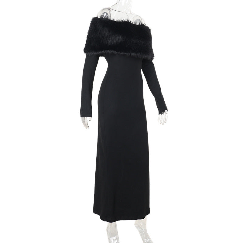 Onyx Fur Midi Dress Black