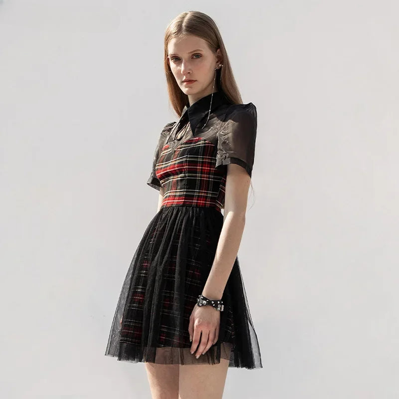 Gothic Lace Spliced Plaid Sexy A Line Short Sleeve Dress