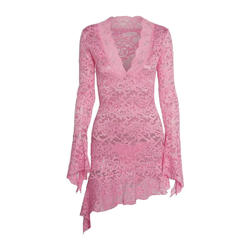 Hottie Outfit Streetwear Asymmetrical Flare Sleeve Lace Dress
