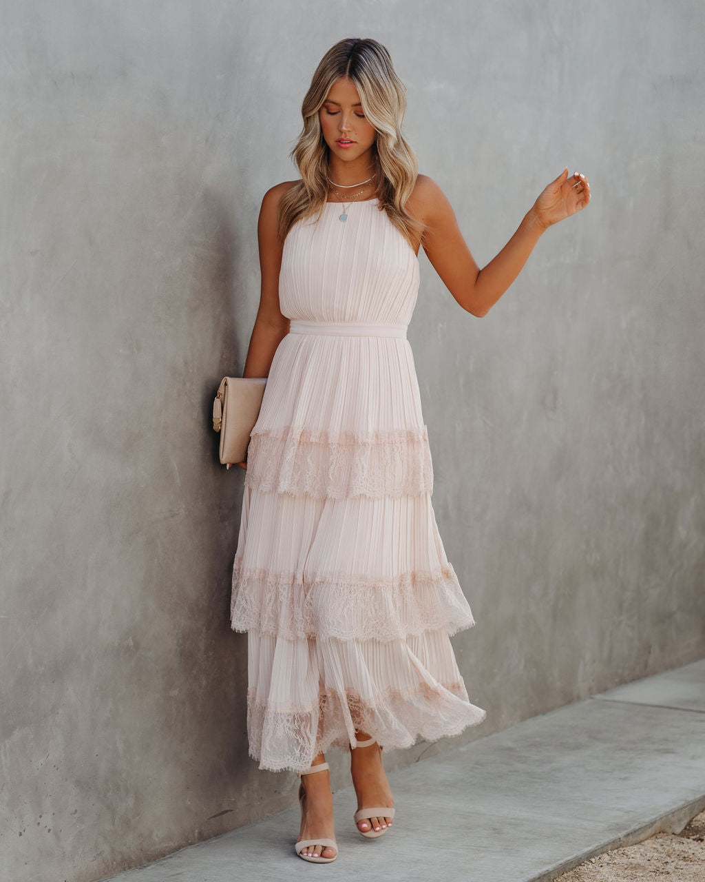 Affection Pleated Tiered Lace Maxi Dress Blush