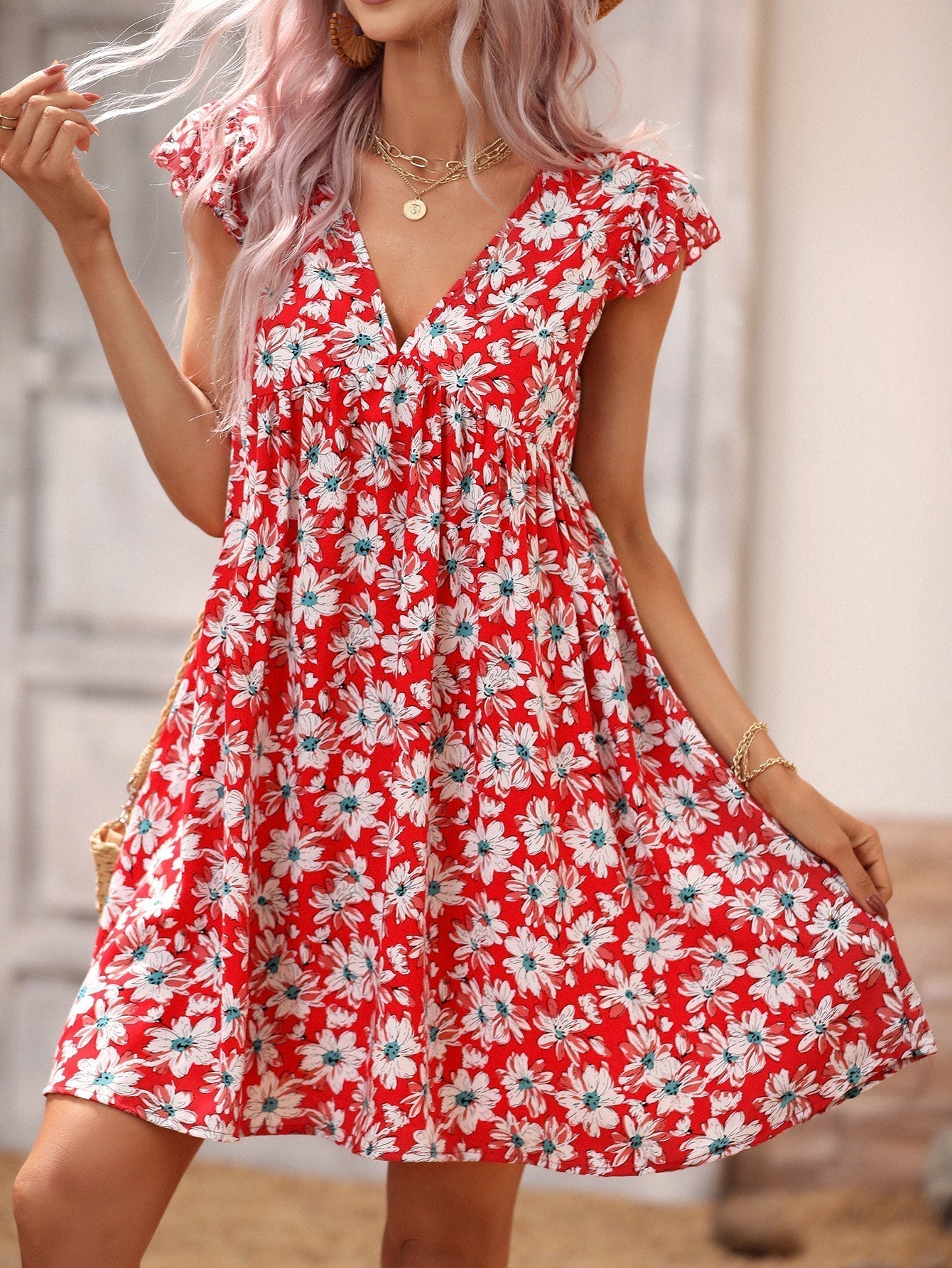 Allover Print V Neck Smocked Flare Dress