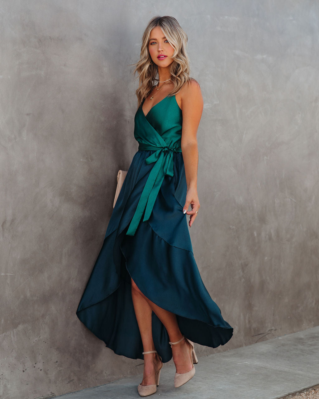 Ansley Satin Colorblock High Low Maxi Dress Green Navy