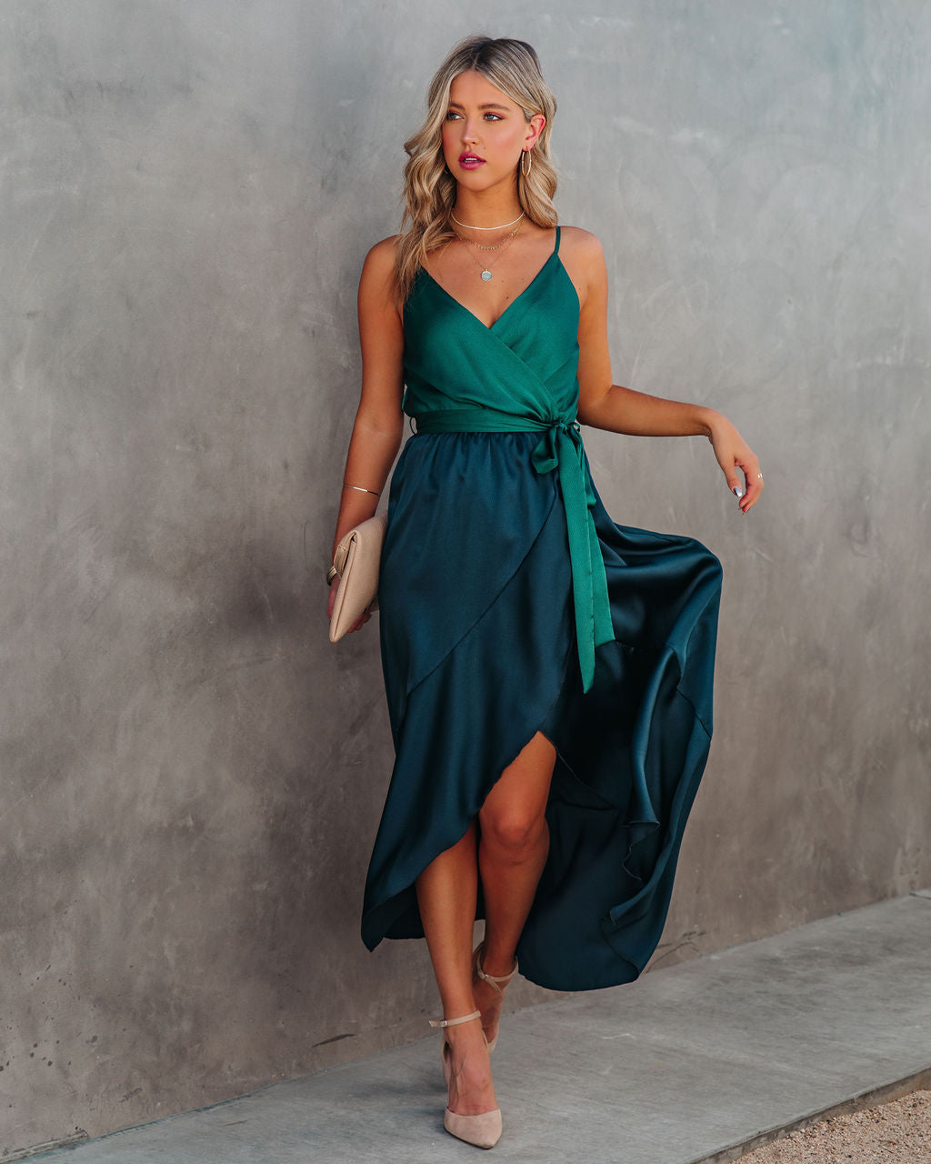 Ansley Satin Colorblock High Low Maxi Dress Green Navy