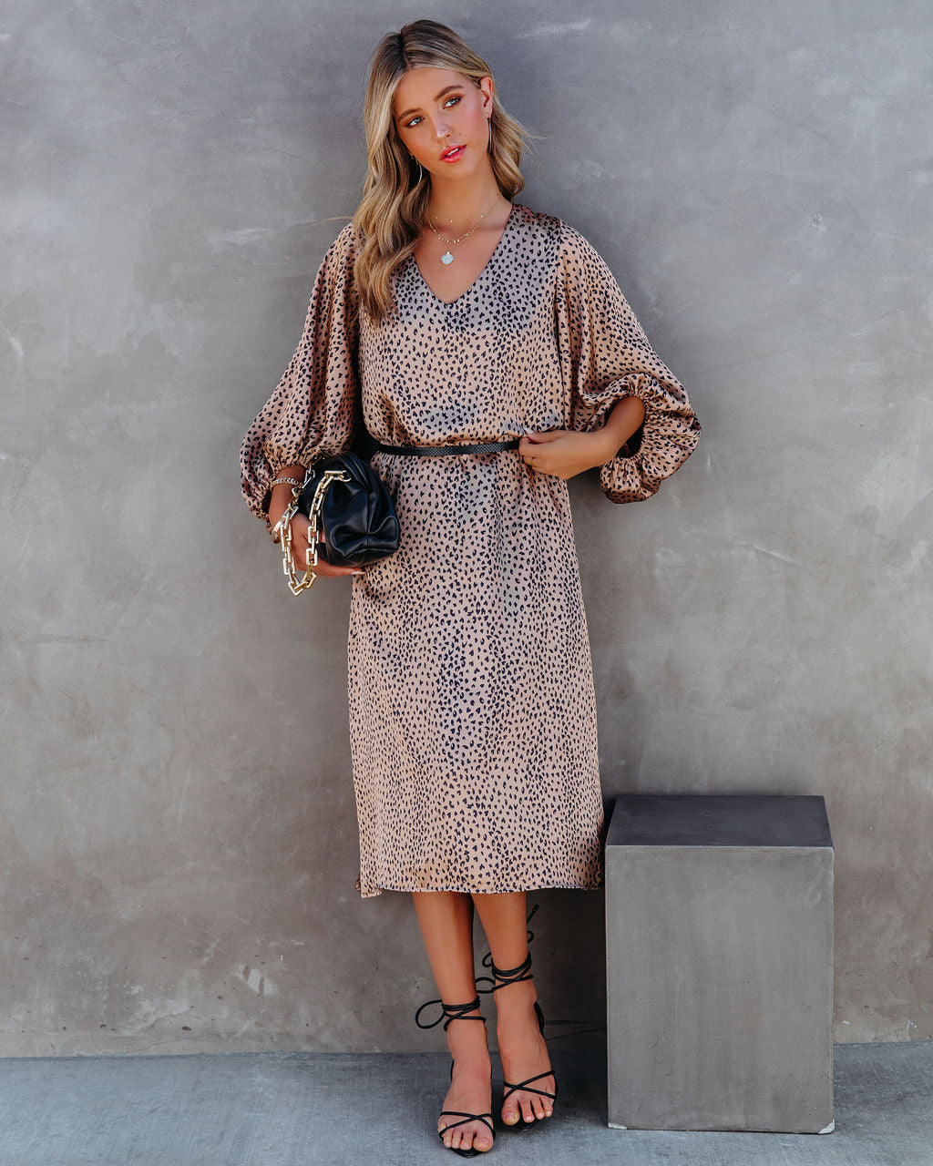 Attitude Satin Printed Balloon Sleeve Midi Dress FINAL