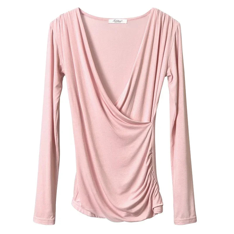 2024 Solid Slim Waist VNeck Long Sleeve Women's Tee