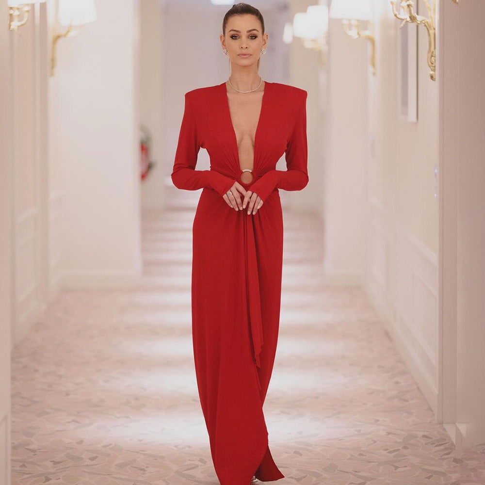 Black Long Sleeve Ring V neck Dress White Red Christmas Dress