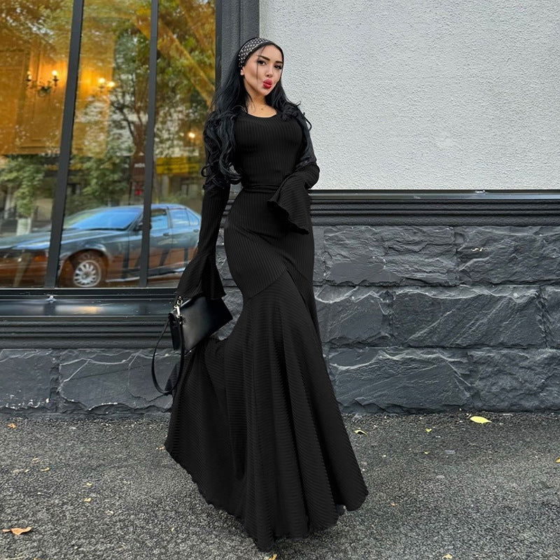 round Neck Waist Trimming Flared Long Sleeve Dress Elegant Fishtail Solid Color Dress