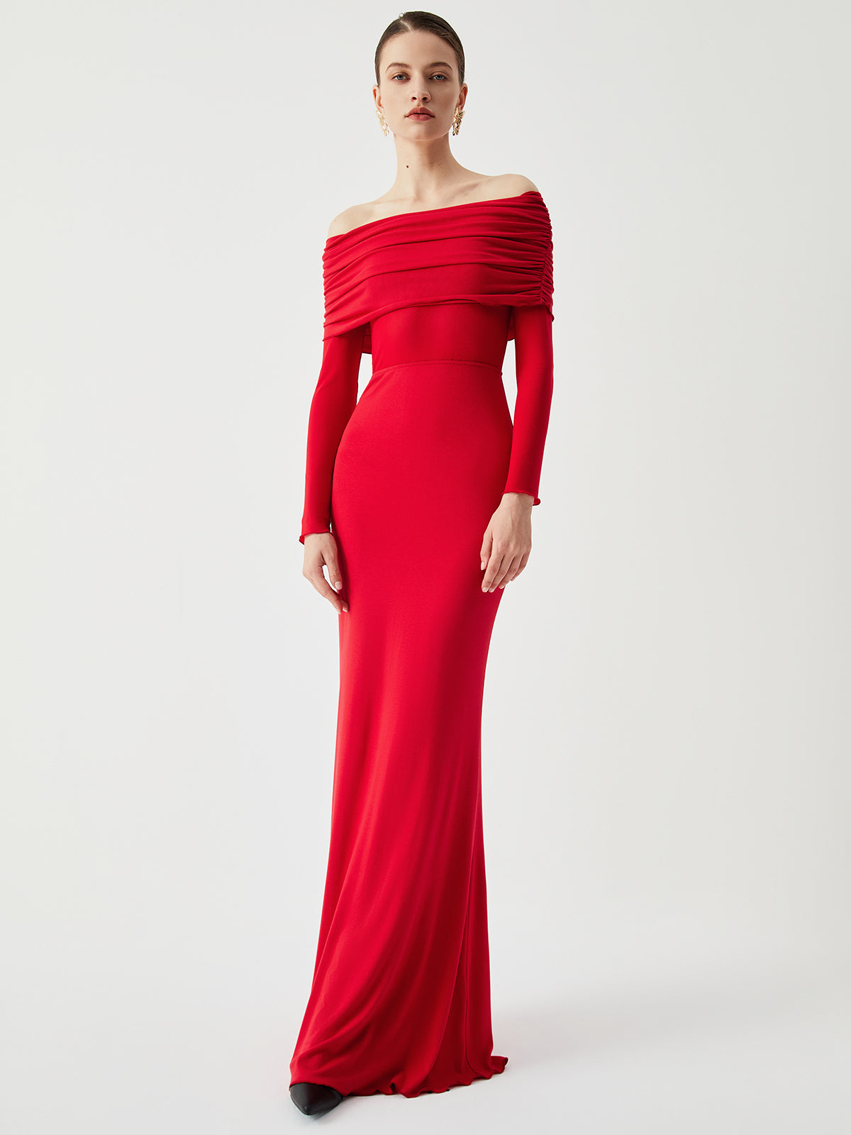 Overfold Off Shoulder Mesh Long Sleeve Long Dress