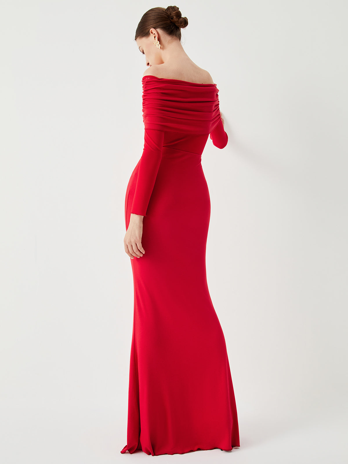 Abriella Off Shoulder Overfold Mesh Maxi Dress