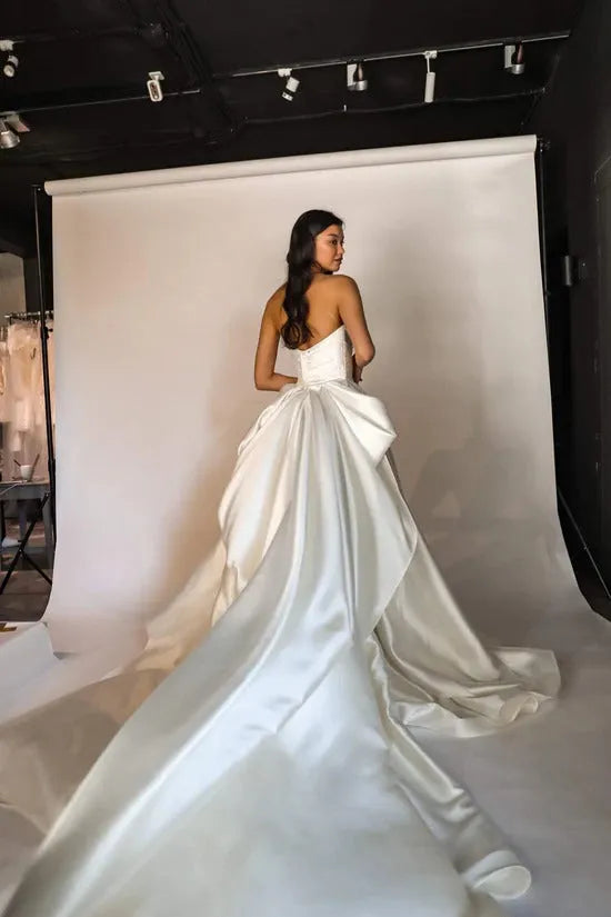 Classic Wedding Dress with Detachable Huge Bow Satin Vestido De Novia Skirt Court Train Mermaid Simple Bow PrincessDress Bridal Gown