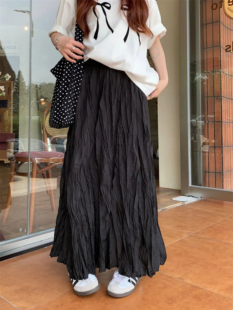 Vintage Solid Elastic Pleated ALine Skirt