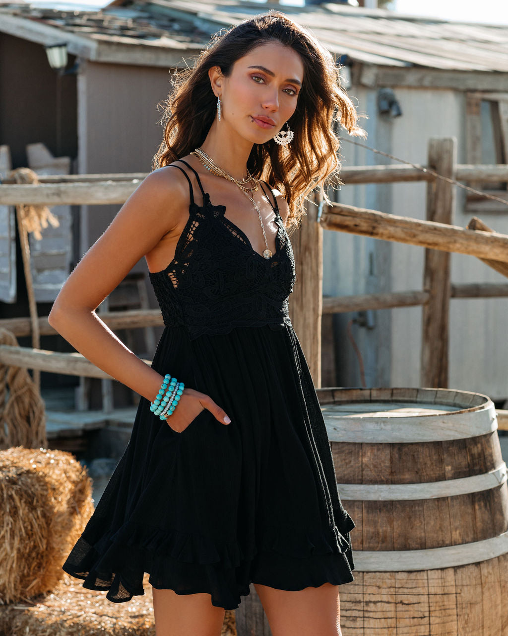 Of My Love Pocketed Lace Ruffle Dress Black