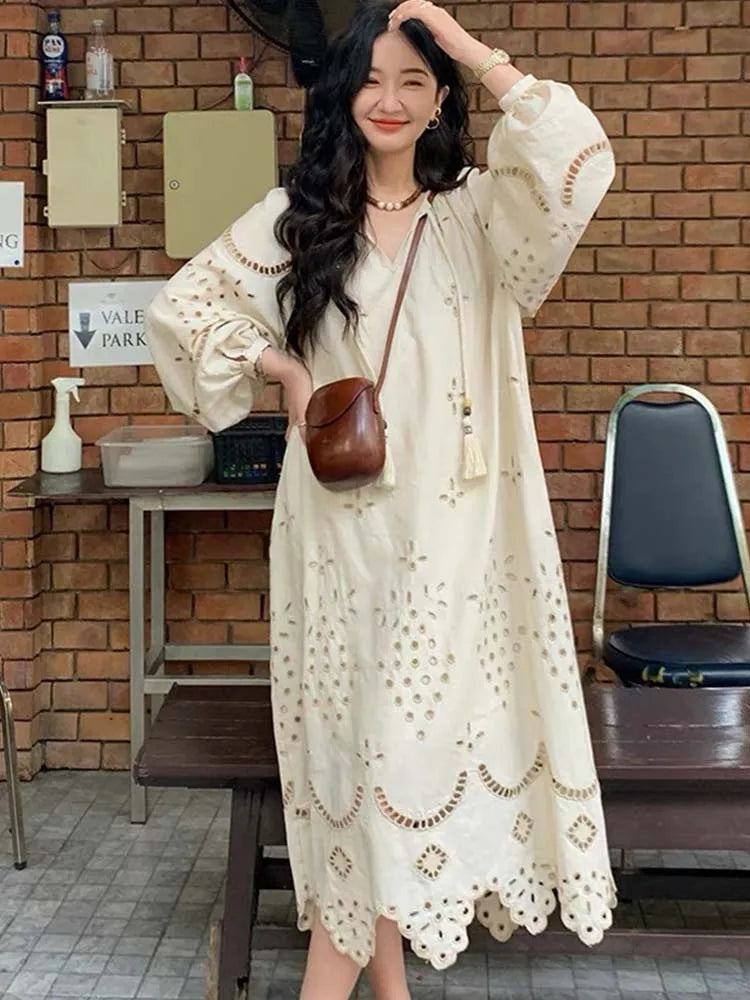 Korean Style Vintage Long Sleeve VNeck Boho Hollow Out Maxi Dress