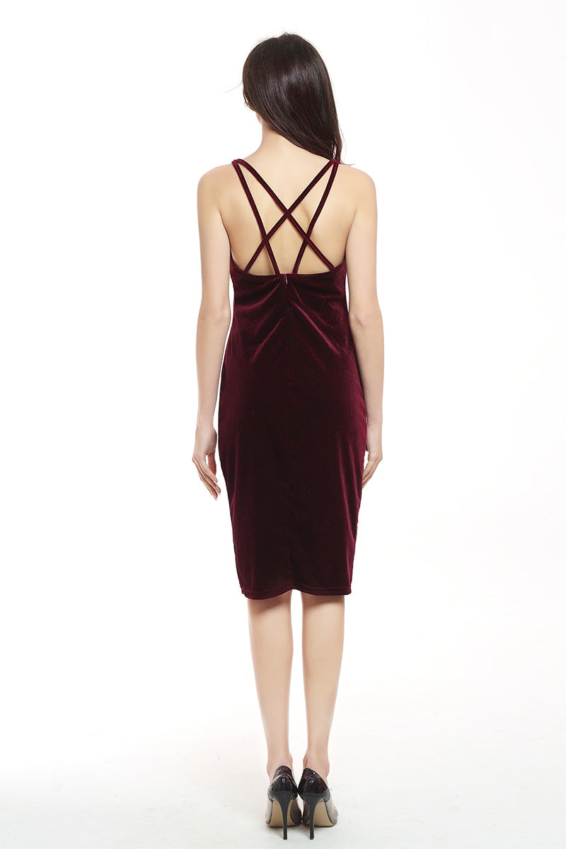 Burgundy Crisscross Sleeveless Velvet Bodycon Dress