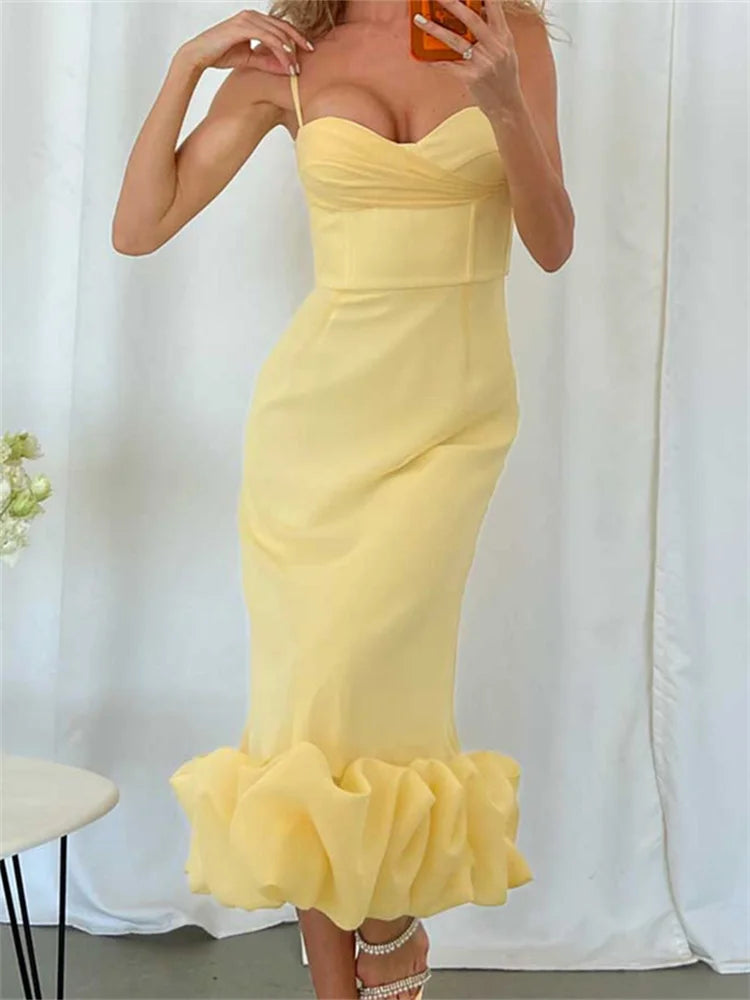 Elegant Cocktail Sleeveless Low Cut VNeck Slim Ruched Ruffles Midi Dress