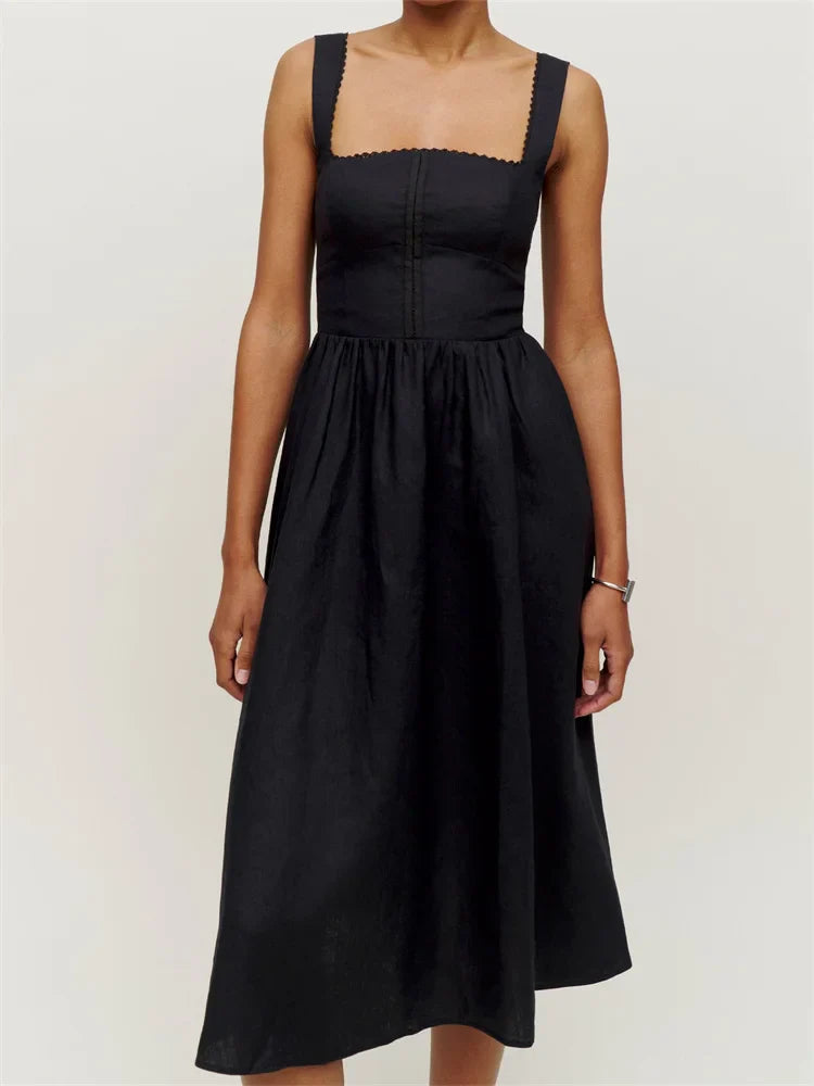 Elegant Square Neck ButtonUp Sling High Waist ALine Summer Midi Dress