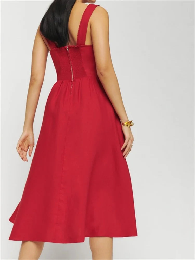 Elegant Square Neck ButtonUp Sling High Waist ALine Summer Midi Dress