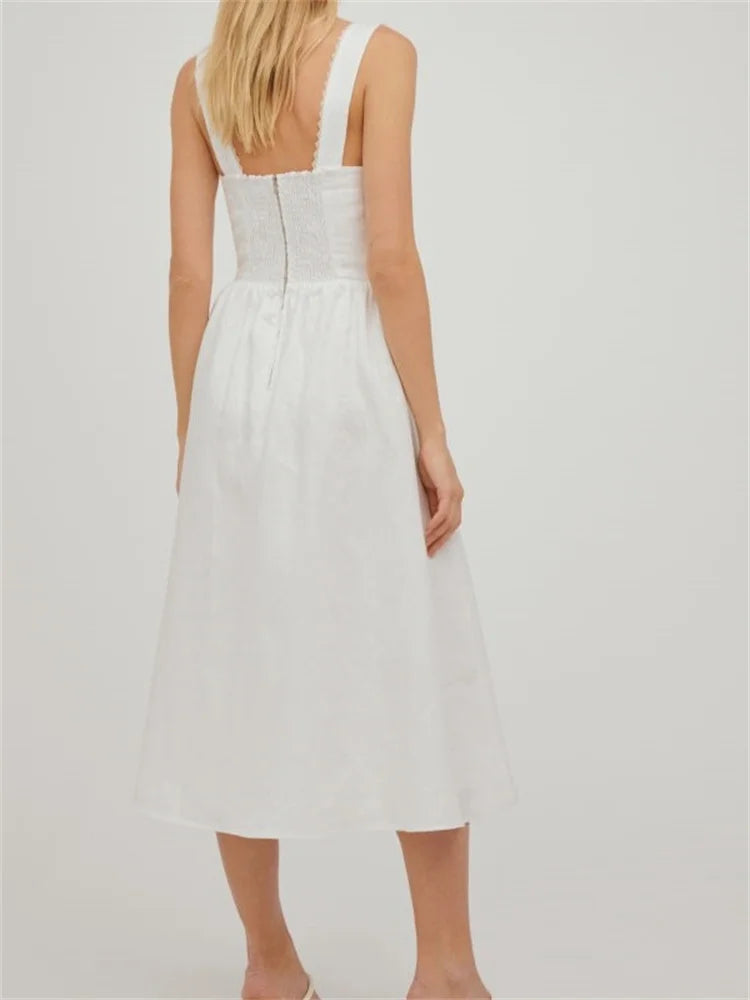 Elegant Square Neck ButtonUp Sling High Waist ALine Summer Midi Dress