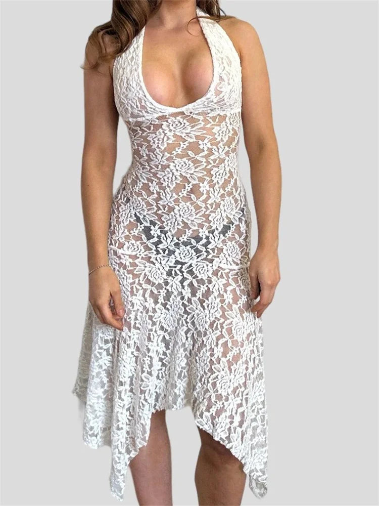 SeeThrough Party Halter Backless Off Shoulder Irregular Hem Midi Dress