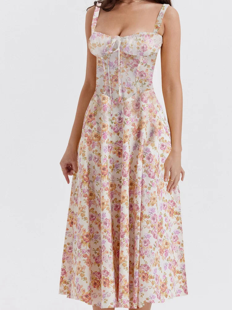 Ruched Sleeveless Strap Square Neck LaceUp High Split Midi Dress