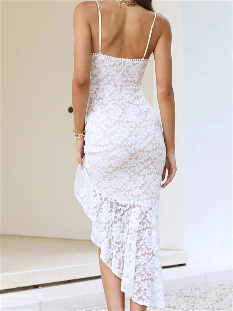 Side Split Lace VNeck Sleeveless Summer Irregular Hem Midi Dress