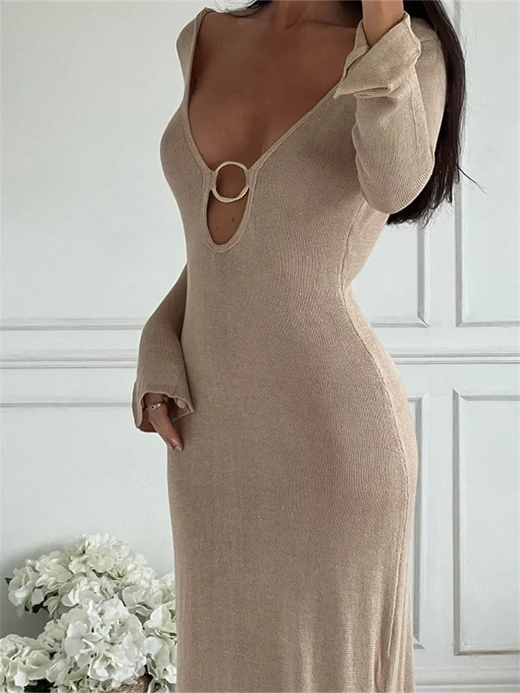 Solid Deep Vneck Backless Party Dress Cut Out Dresses