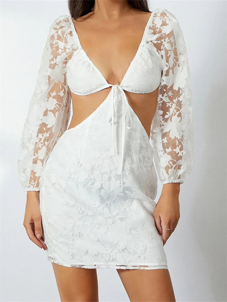 Long Sleeve V Neck Tieup Backless Floral See Through Mini Dresses