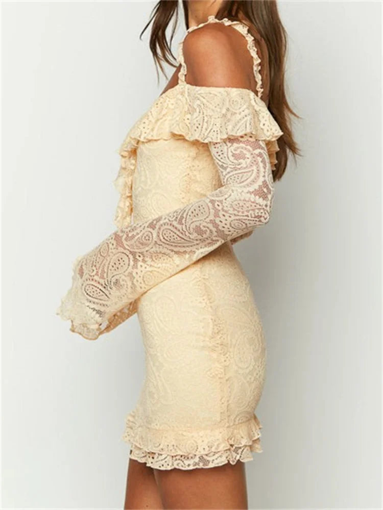 Romantic Lace OffShoulder Ruffled Mini Dresses