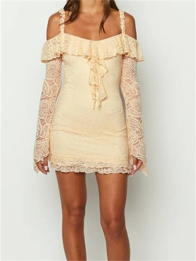 Romantic Lace OffShoulder Ruffled Mini Dresses