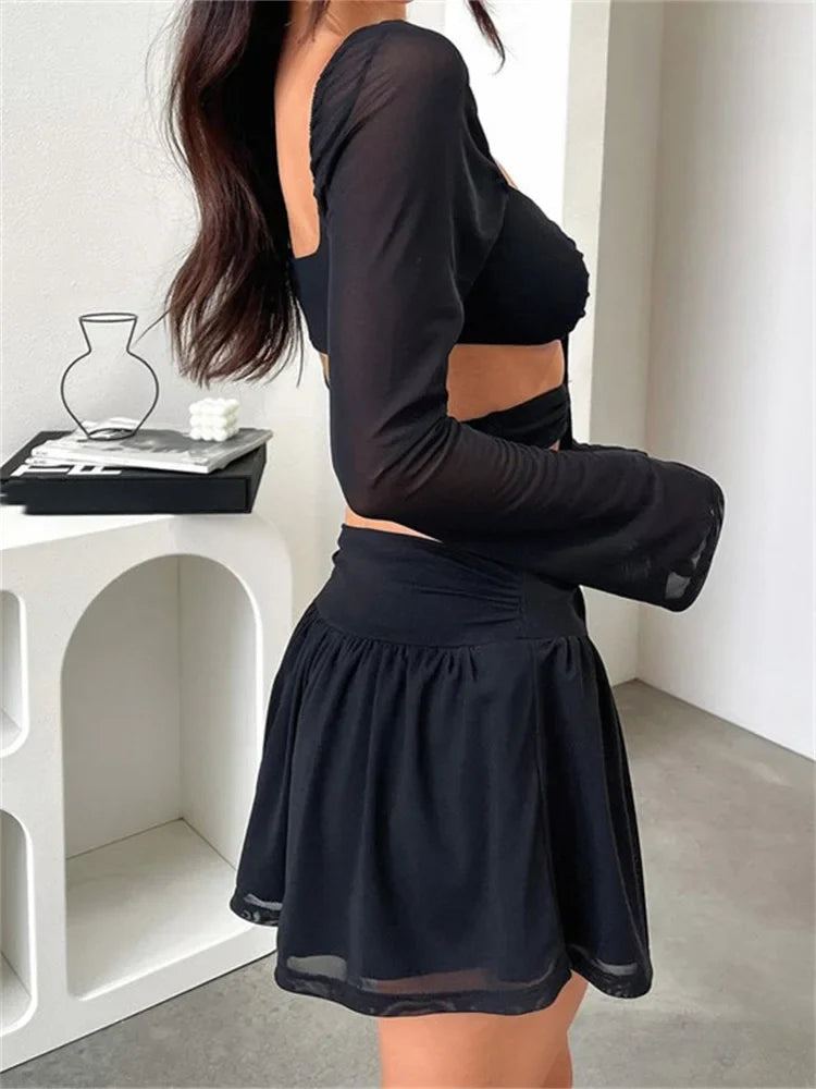 Solid CrissCross TieUp Long Sleeve Mini Dresses