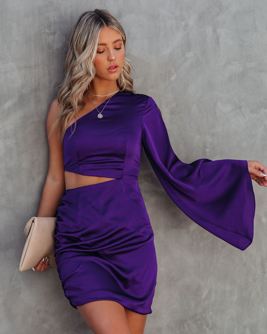 Caydan Satin One Shoulder Cutout Dress Plum FINAL