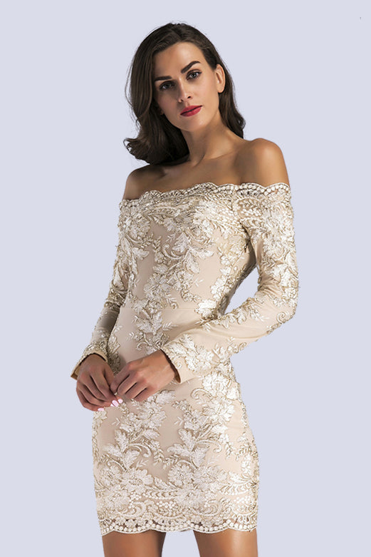 Champagne Off-the-shoulder Embroidered Long-sleeved Bodycon Dress - Mislish
