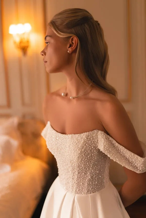 Off Shoulder Glitter A Line Wedding Dress Sleeveless Princess Bride Dresses Split Long Bridal Gown Vestido De Noiva