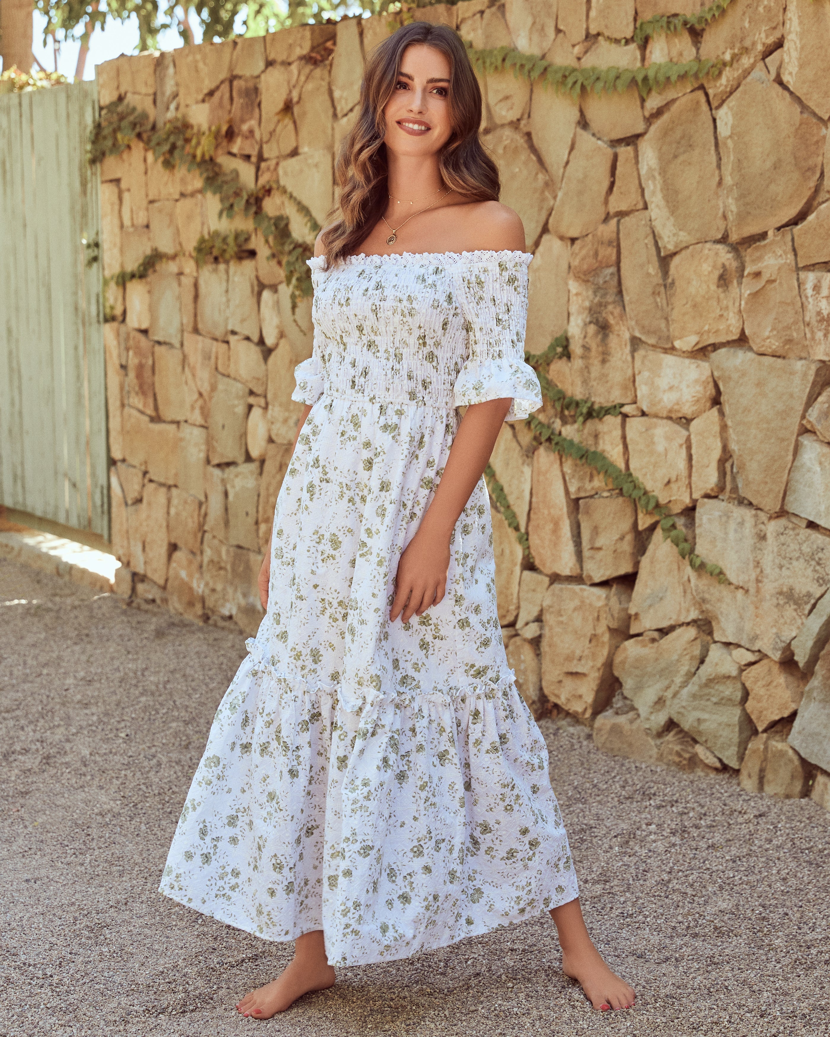 Dasha Cotton Floral Off The Shoulder Maxi Dress Sage FINAL