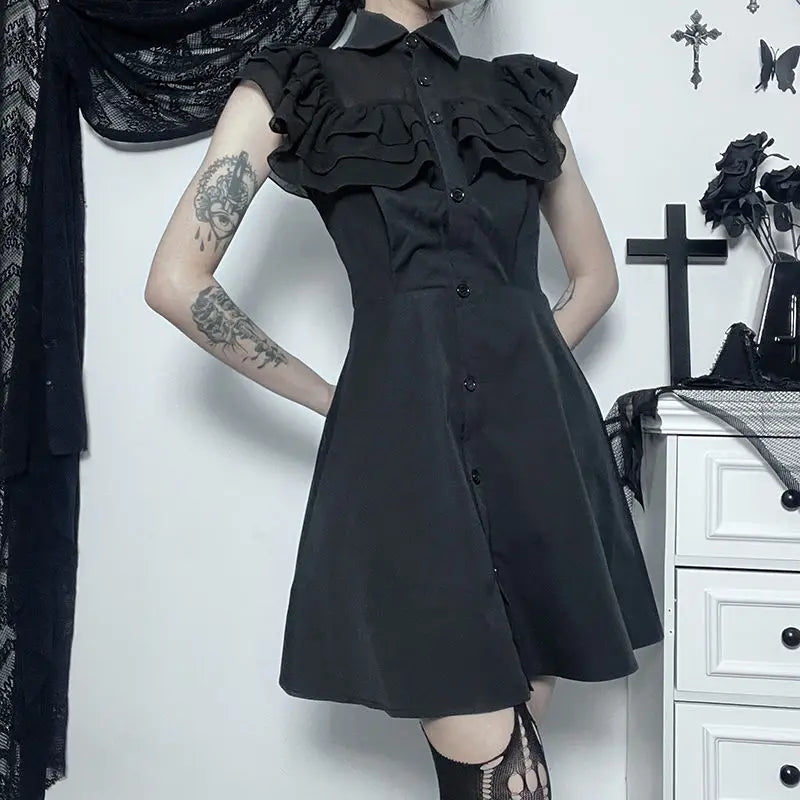 Gothic Ruffled Mesh Splicing A Line Black Dress