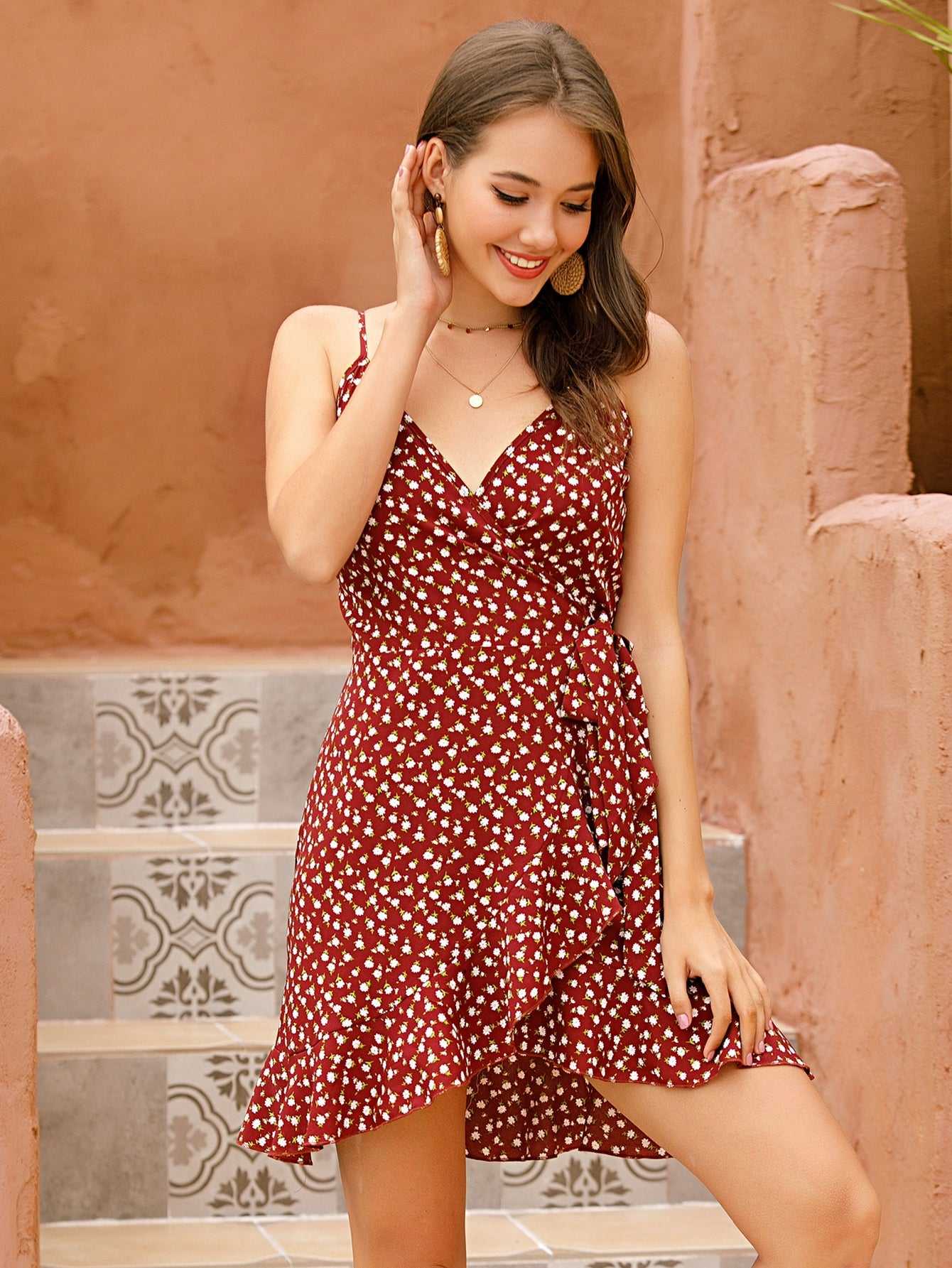 Ditsy Floral Print ruffled hem Knot Side Wrap A line Cami Dress Polka