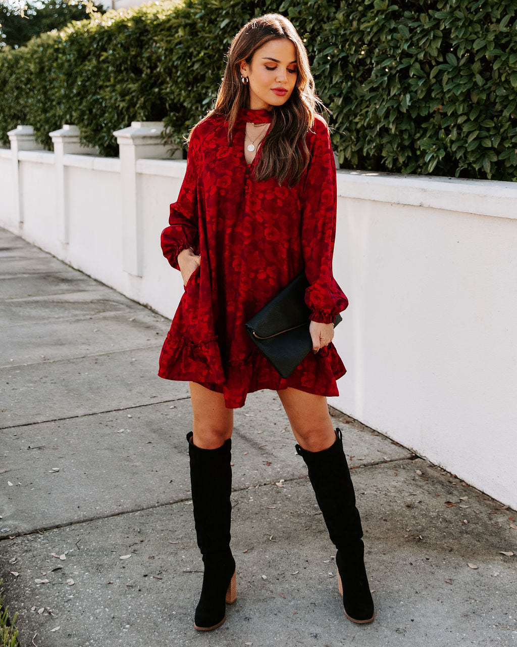 Mazy Pocketed Floral Keyhole Dress Wine
