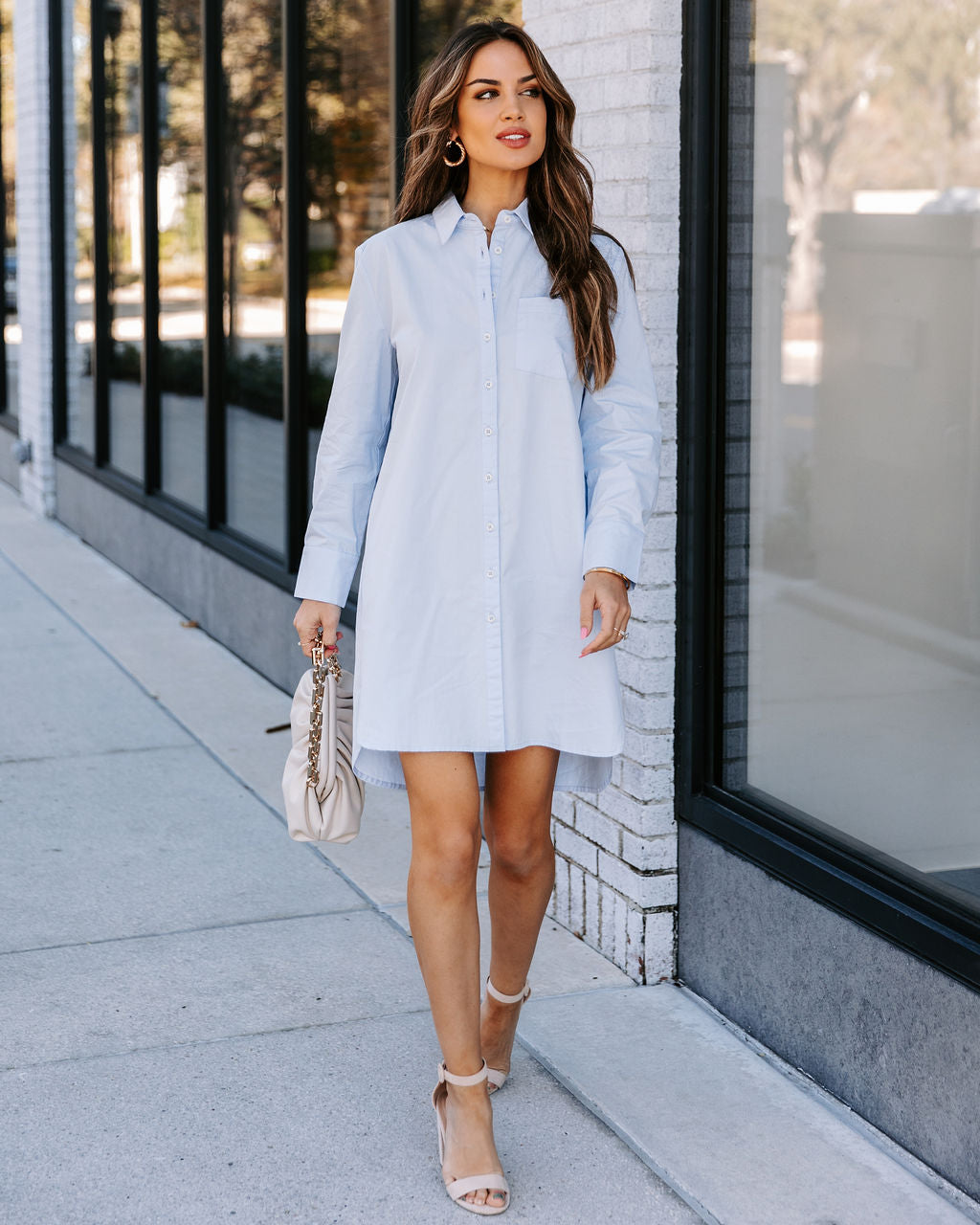 Risky Business Pocketed Button Down Shirt Dress Sky Blue